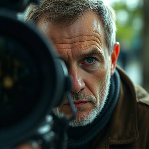Portrait de Pierre Martin, directeur de la photographie, regardant à travers un viseur de caméra